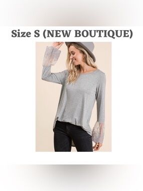 NEW BOMBOM Gray Knit Blouse with Lace Flared Sleeves Pullover Women's Size S